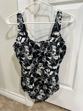 Lands End Black & White Floral One-Piece Swimsuit